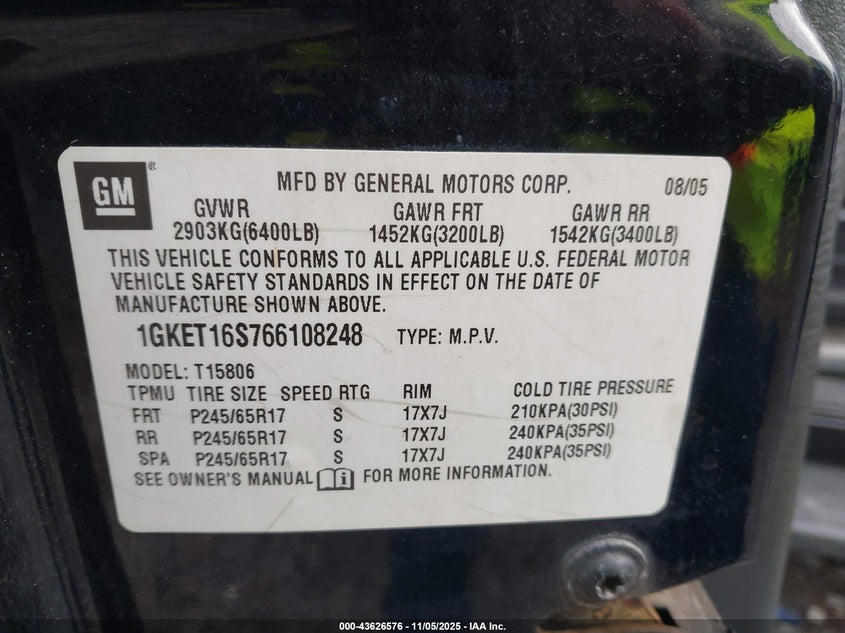 2006 GMC Envoy Xl Slt VIN: 1GKET16S766108248 Lot: 43626576