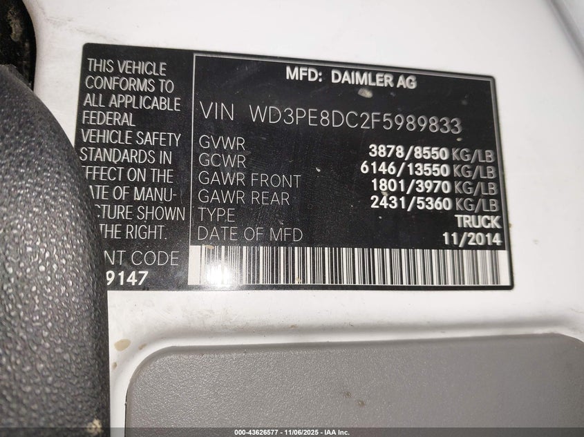 2015 Mercedes-Benz Sprinter 2500 High Roof VIN: WD3PE8DC2F5989833 Lot: 43626577