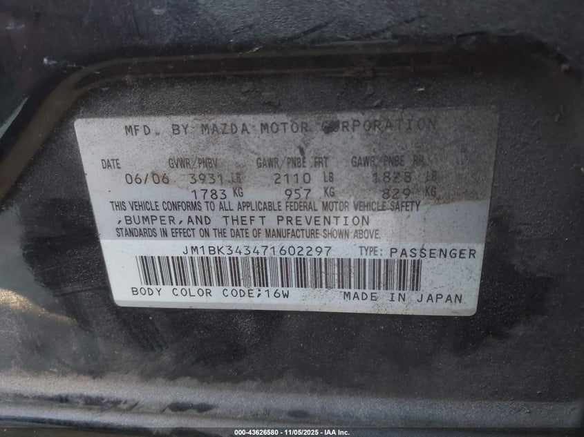 2007 Mazda Mazda3 S Touring VIN: JM1BK343471602297 Lot: 43626580