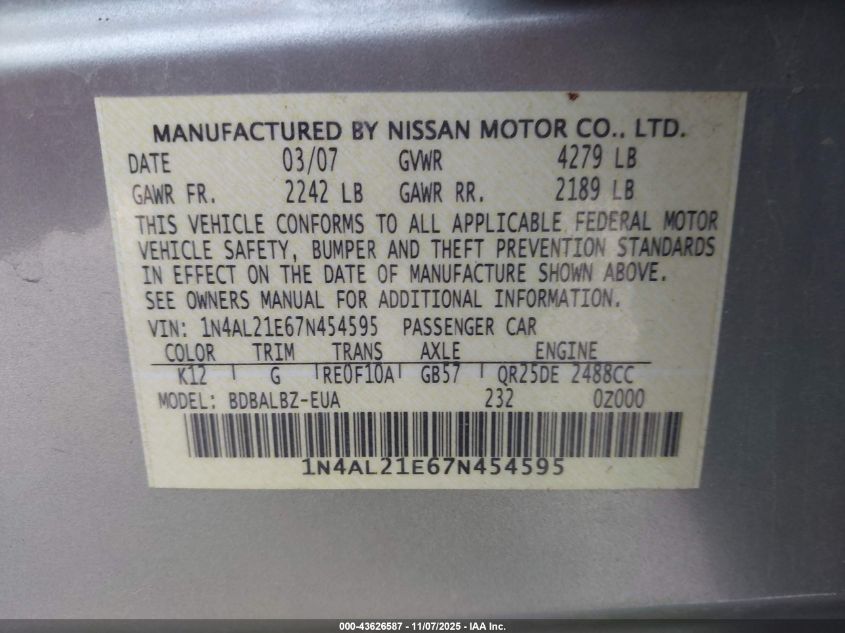 2007 Nissan Altima 2.5 S VIN: 1N4AL21E67N454595 Lot: 43626587