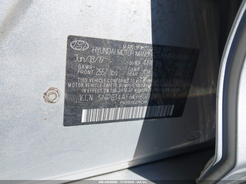 5NPE34AF6KH807765 2019 HYUNDAI SONATA photo no. 9