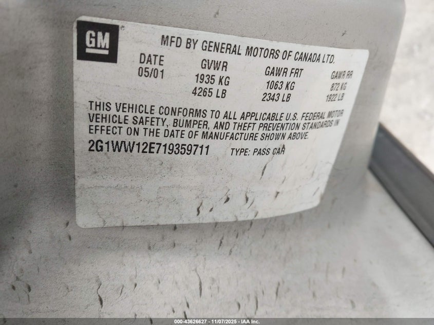 2001 Chevrolet Monte Carlo Ls VIN: 2G1WW12E719359711 Lot: 43626627