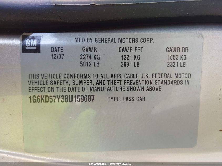 2008 Cadillac Dts 1Sa VIN: 1G6KD57Y38U159687 Lot: 43626629