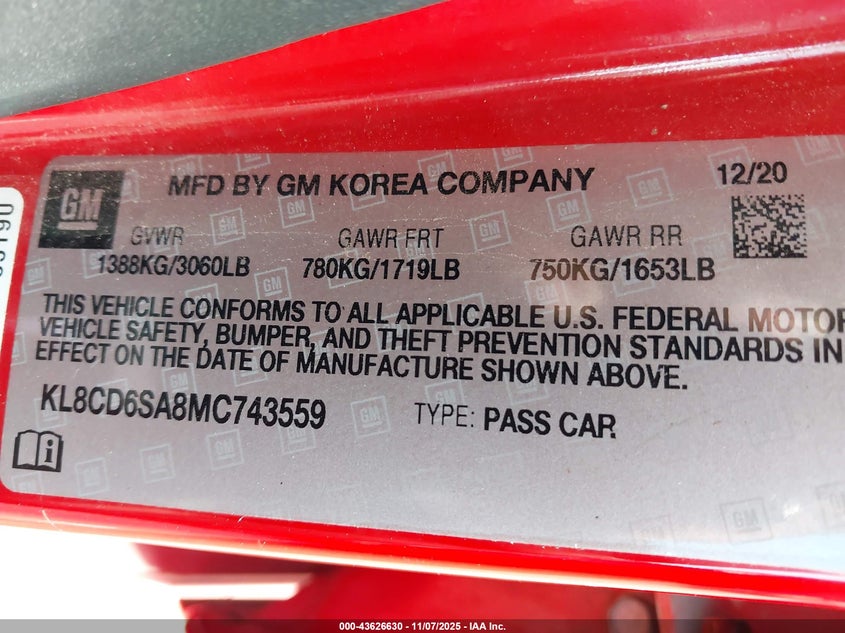 2021 Chevrolet Spark Fwd 1Lt Automatic VIN: KL8CD6SA8MC743559 Lot: 43626630