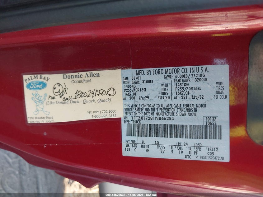 2001 Ford F-150 Xl/Xlt VIN: 1FTZX17281NB66254 Lot: 43626638