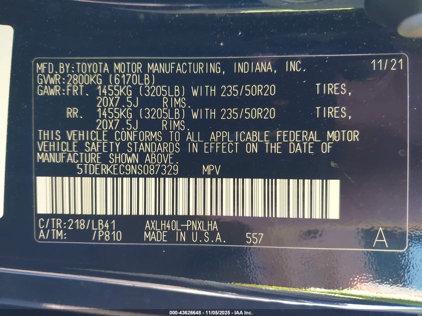 2022 TOYOTA SIENNA PLATINUM 5TDERKEC9NS087329