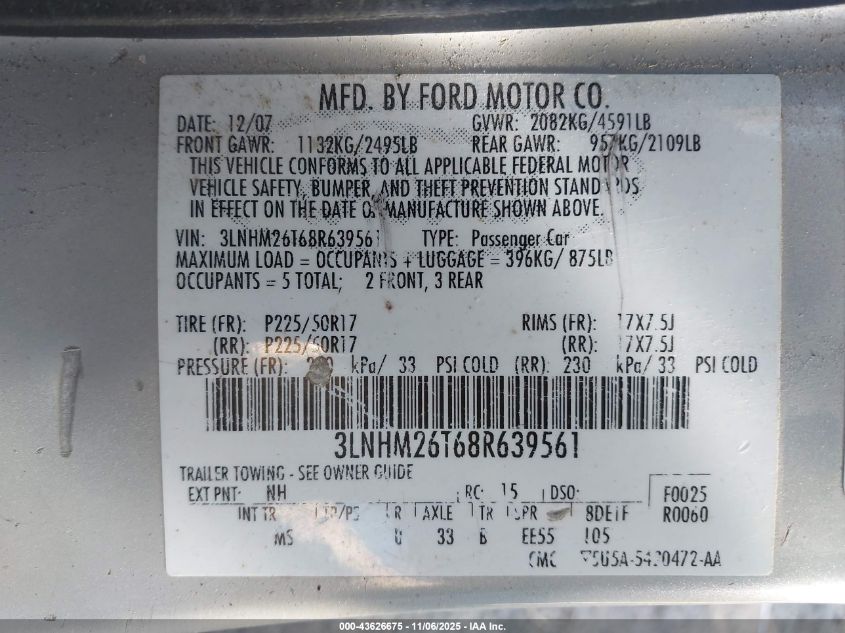 2008 Lincoln Mkz VIN: 3LNHM26T68R639561 Lot: 43626675