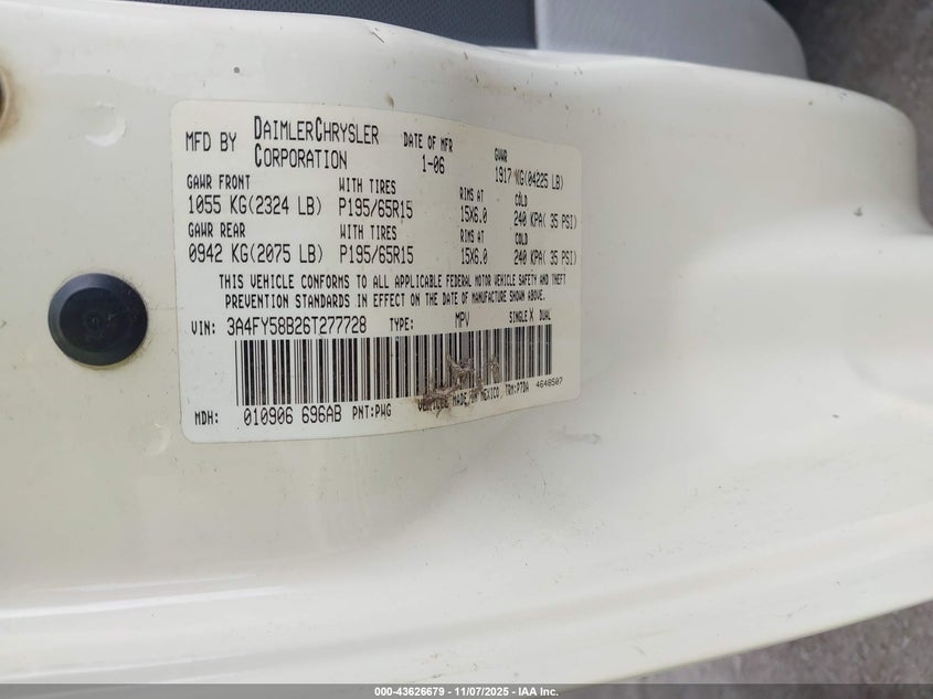 2006 Chrysler Pt Cruiser Touring VIN: 3A4FY58B26T277728 Lot: 43626679