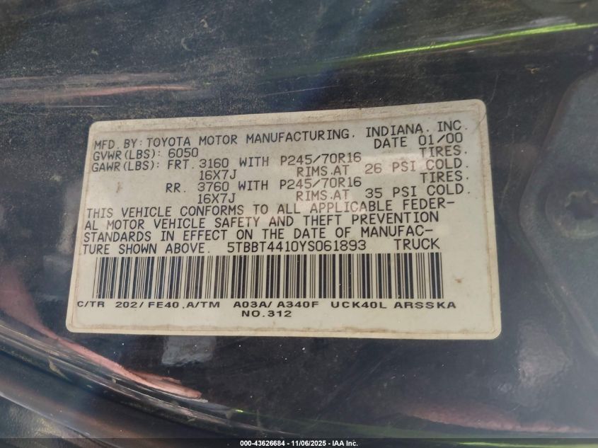 2000 Toyota Tundra Sr5 V8 VIN: 5TBBT4410YS061893 Lot: 43626684