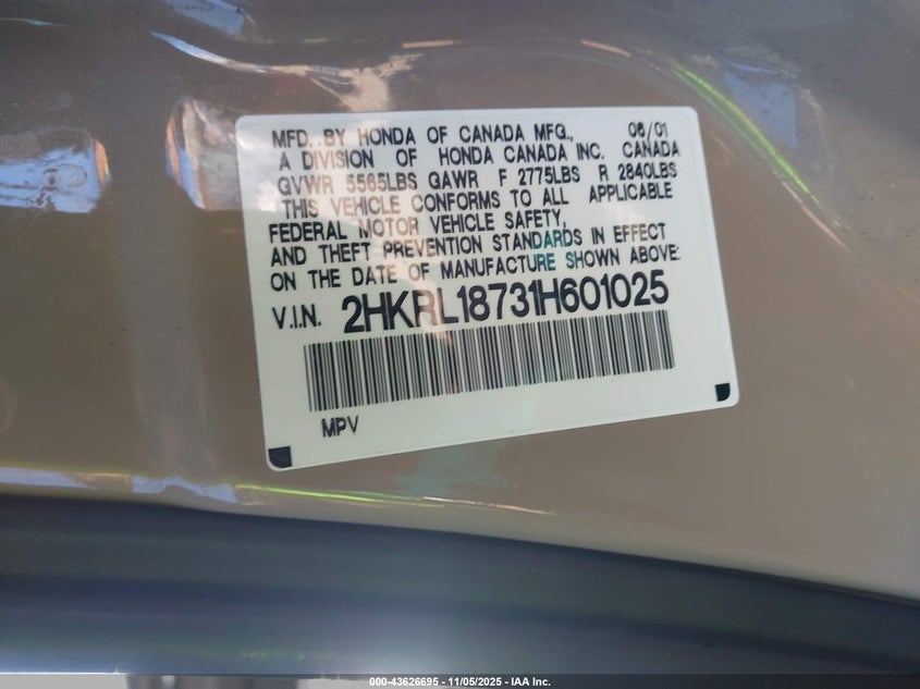 2001 Honda Odyssey Ex VIN: 2HKRL18731H601025 Lot: 43626695