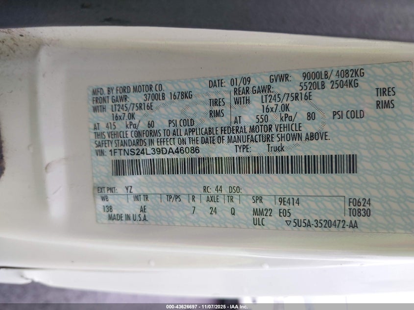 2009 Ford E-250 Commercial/Recreational VIN: 1FTNS24L39DA46086 Lot: 43626697