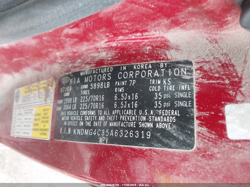 2010 Kia Sedona Lx VIN: KNDMG4C35A6326319 Lot: 43626708