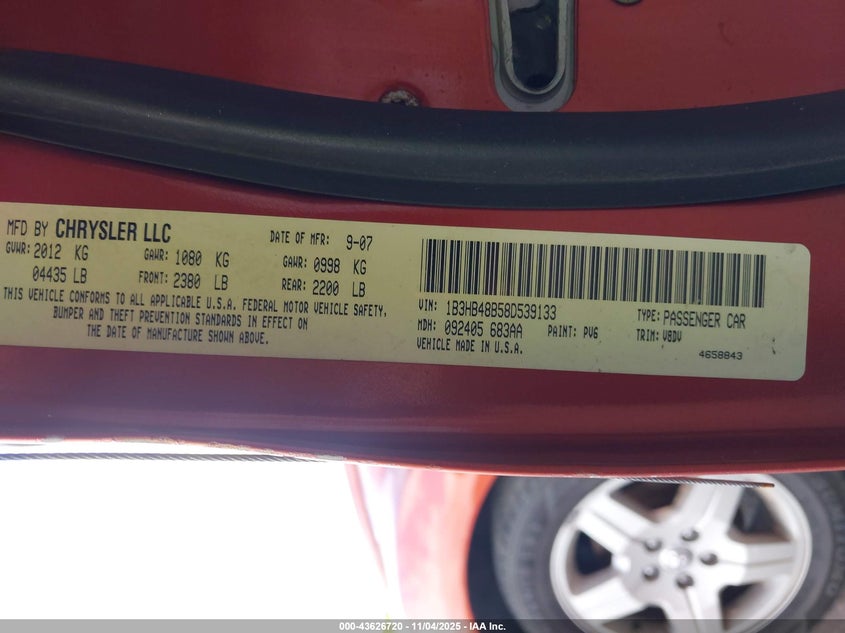 2008 Dodge Caliber Sxt VIN: 1B3HB48B58D539133 Lot: 43626720