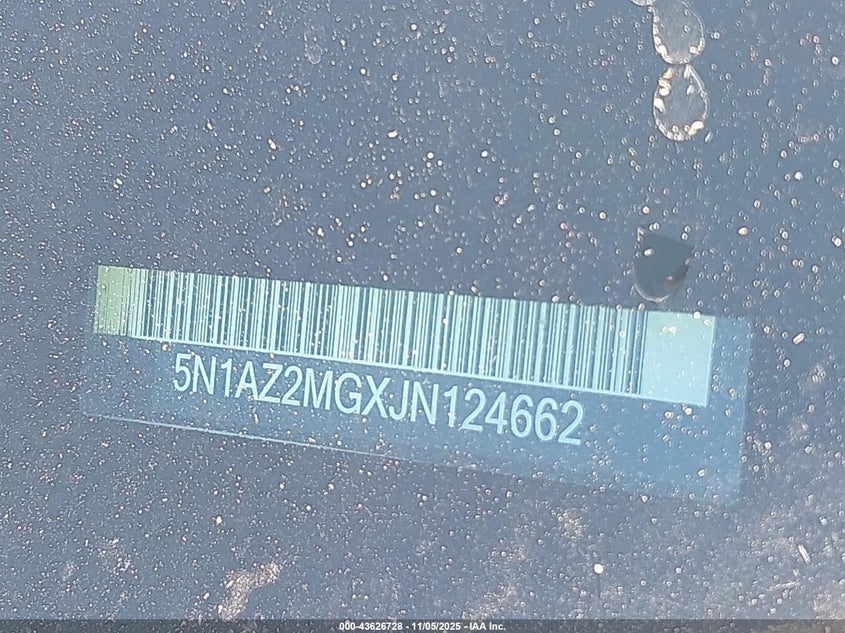 2018 Nissan Murano Sl VIN: 5N1AZ2MGXJN124662 Lot: 43626728