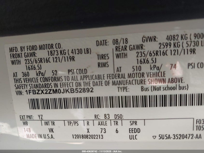 2018 Ford Transit-350 Xl VIN: 1FBZX2ZM0JKB52892 Lot: 43626742