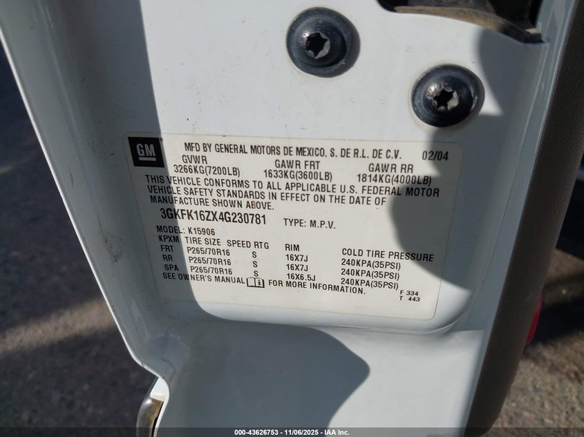2004 GMC Yukon Xl 1500 Slt VIN: 3GKFK16ZX4G230781 Lot: 43626753