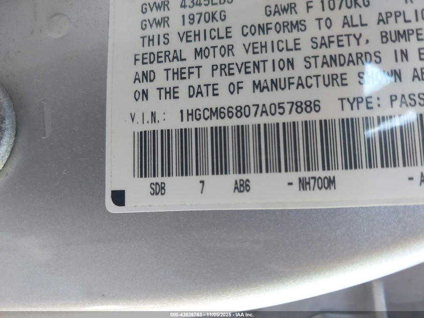 1HGCM66807A057886 2007 HONDA ACCORD photo no. 9
