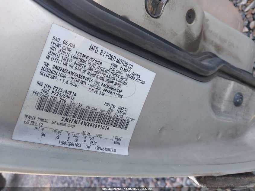 2004 Mercury Grand Marquis Gs VIN: 2MEFM74WX4X691016 Lot: 43626765