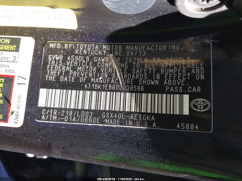 2013 TOYOTA AVALON XLE - 4T1BK1EB6DU038586