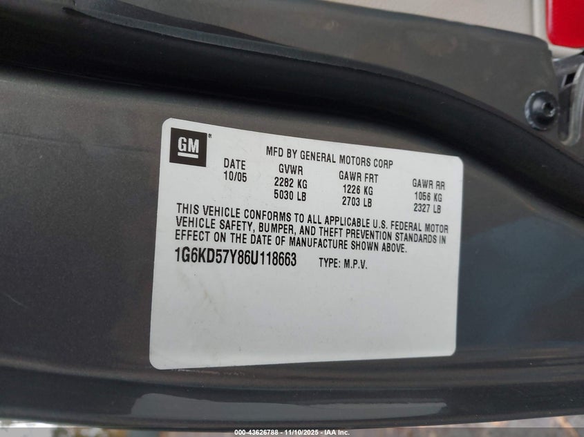 2006 Cadillac Dts VIN: 1G6KD57Y86V118663 Lot: 43626788