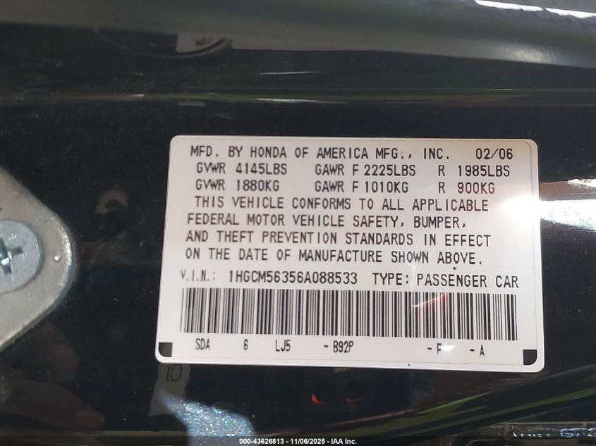 2006 Honda Accord 2.4 Se VIN: 1HGCM56356A088533 Lot: 43626813