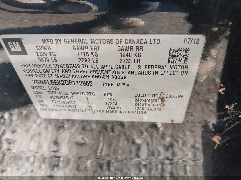 2013 CHEVROLET EQUINOX 1LT 2GNFLEEK2D6110965