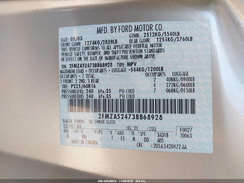 2FMZA52473BB68928 2003 FORD WINDSTAR photo no. 9