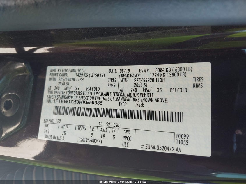 2019 FORD F-150 XL 1FTEW1C53KKE59385