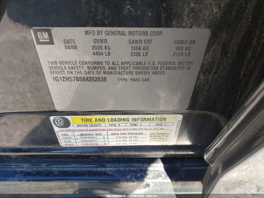 2008 Chevrolet Malibu Lt VIN: 1G1ZH57B684262638 Lot: 43626846