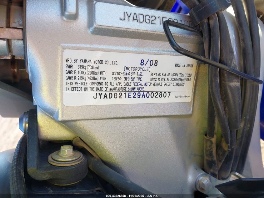 2009 Yamaha Wr250 R VIN: JYADG21E29A002807 Lot: 43626858