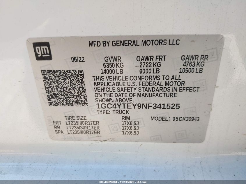 2022 Chevrolet Silverado 3500Hd 4Wd Long Bed Lt VIN: 1GC4YTEY9NF341525 Lot: 43626884