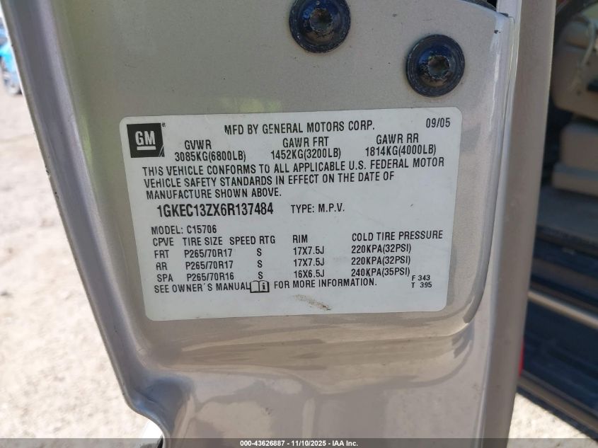 2006 GMC Yukon Slt VIN: 1GKEC13ZX6R137484 Lot: 43626887