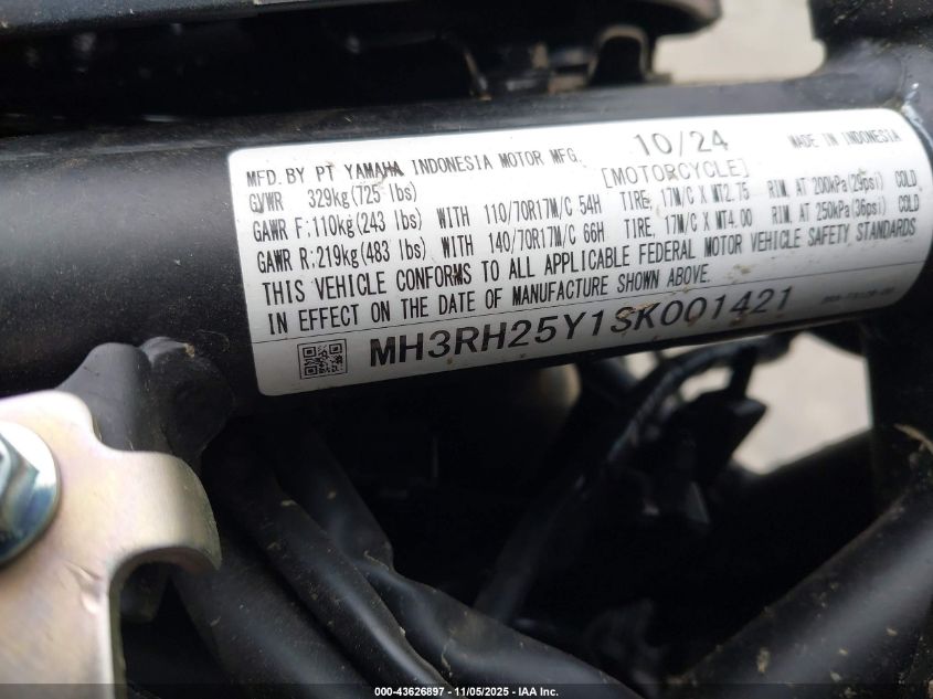 2025 Yamaha Yfz320 Ac VIN: MH3RH25Y1SK001421 Lot: 43626897