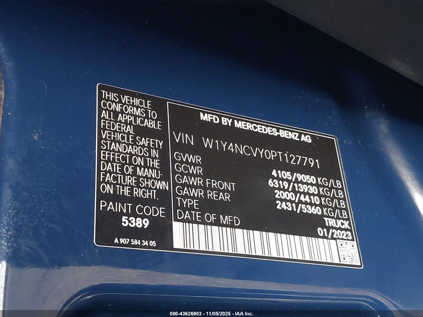 2023 Mercedes-Benz Sprinter 2500 High Roof 4-Cyl Diesel Ho VIN: W1Y4NCVY0PT127791 Lot: 43626903