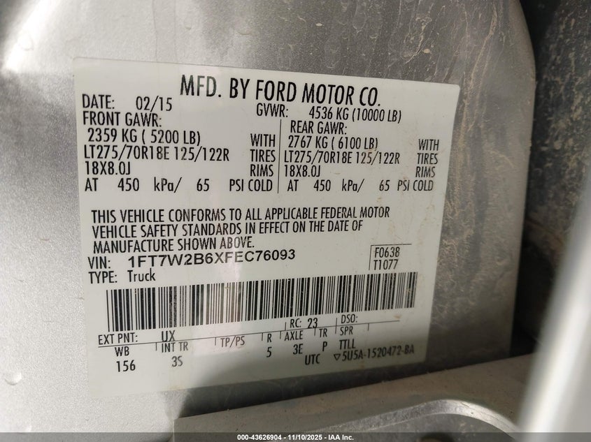 1FT7W2B6XFEC76093 2015 FORD F250 photo no. 9