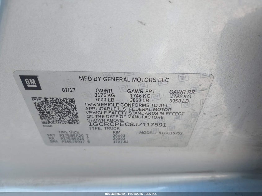 2018 CHEVROLET SILVERADO 1500 CUSTOM - 1GCRCPEC8JZ117591