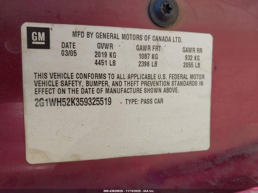 2005 Chevrolet Impala Ls VIN: 2G1WH52K359325519 Lot: 43626926
