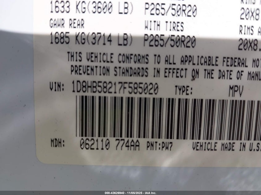 2007 Dodge Durango Limited VIN: 1D8HB58217F585020 Lot: 43626940