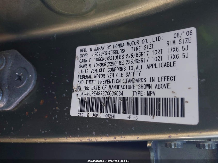 2007 Honda Cr-V Ex-L VIN: JHLRE48737C006534 Lot: 43626960