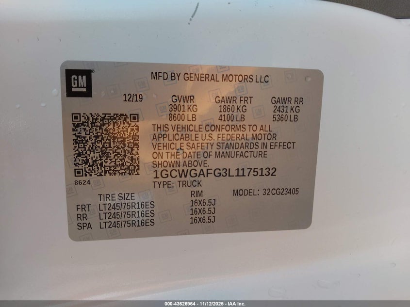 2020 Chevrolet Express Cargo Rwd 2500 Regular Wheelbase Wt VIN: 1GCWGAFG3L1175132 Lot: 43626964