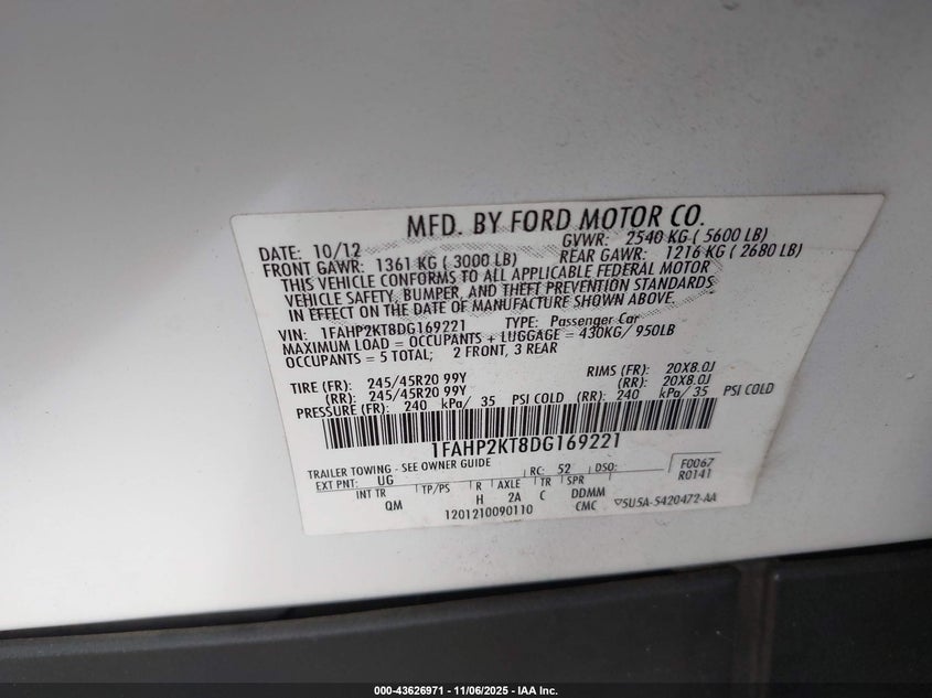 2013 FORD TAURUS SHO - 1FAHP2KT8DG169221