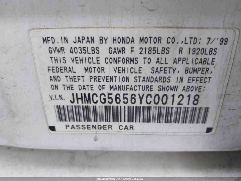 2000 Honda Accord 2.3 Ex VIN: JHMCG5656YC001218 Lot: 43626986