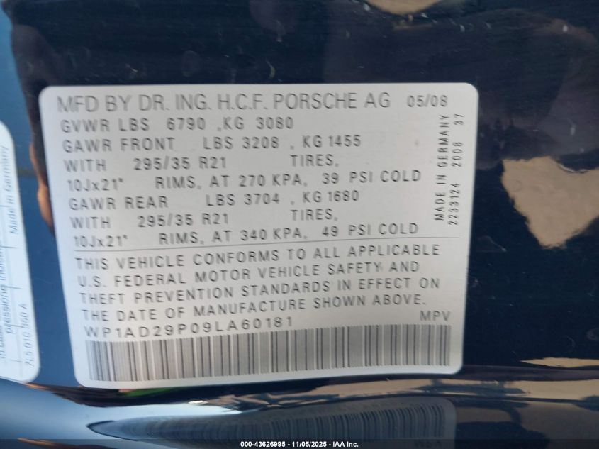 2009 Porsche Cayenne Gts VIN: WP1AD29P09LA60181 Lot: 43626995
