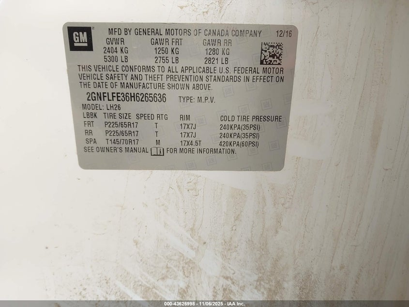 2017 CHEVROLET EQUINOX LT 2GNFLFE36H6265636