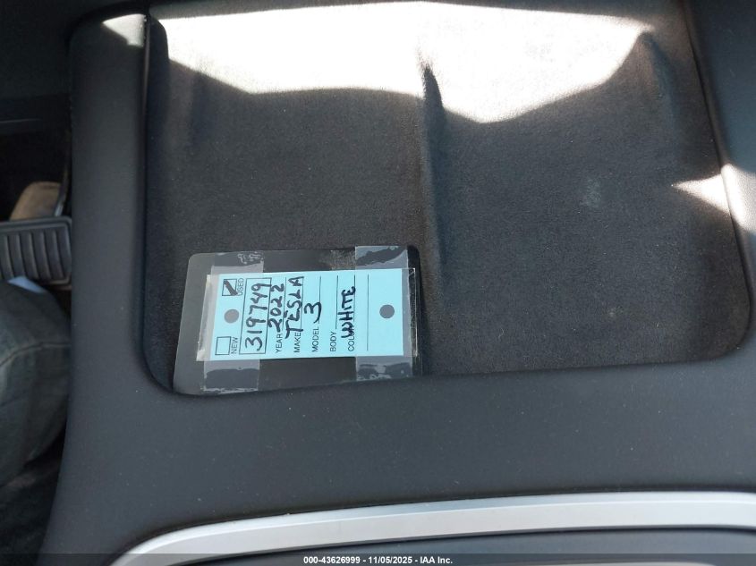 2022 Tesla Model 3 Rear-Wheel Drive VIN: 5YJ3E1EA9NF319749 Lot: 43626999