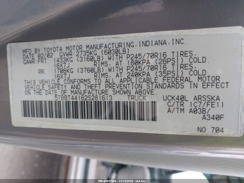 2002 Toyota Tundra Sr5 V8 VIN: 5TBBT44162S281613 Lot: 43627004