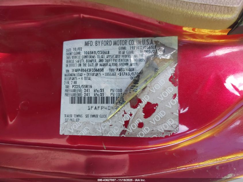 2003 Ford Mustang VIN: 1FAFP40443F336838 Lot: 43627007