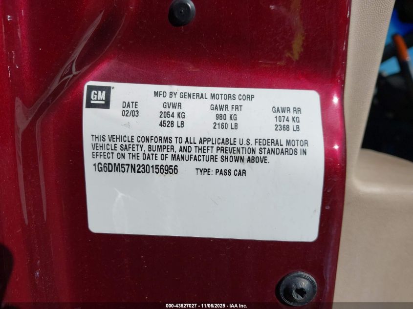 2003 Cadillac Cts Standard VIN: 1G6DM57N230156956 Lot: 43627027