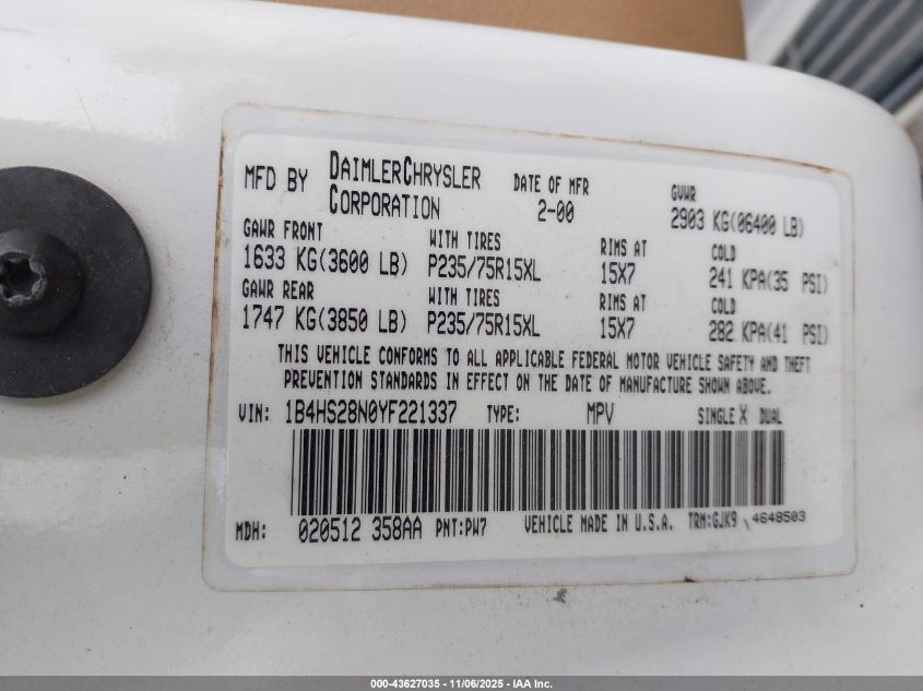 2000 Dodge Durango VIN: 1B4HS28N0YF221337 Lot: 43627035