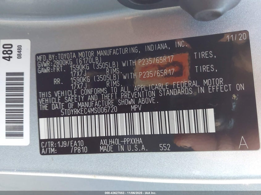 2021 TOYOTA SIENNA XLE 5TDYRKEC4MS006720